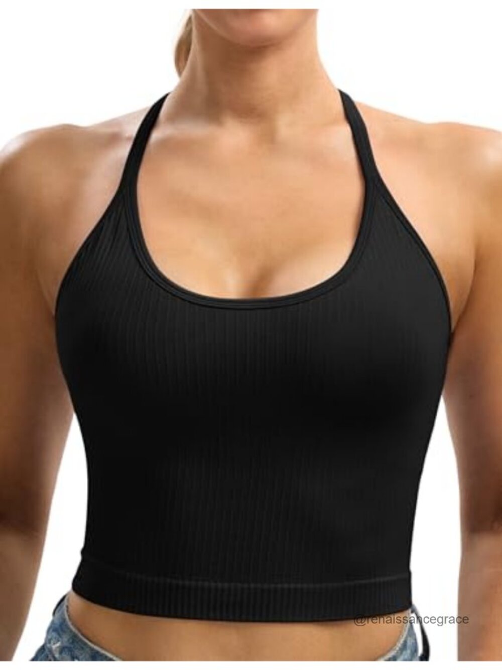 Seamless Ribbed Tank Top Double Criss-Cross Back Built-In Bra